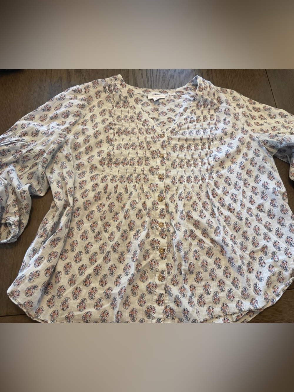 J. Jill Cream Blouse with Pink and Blue Paisley Print Boho Flowy button front